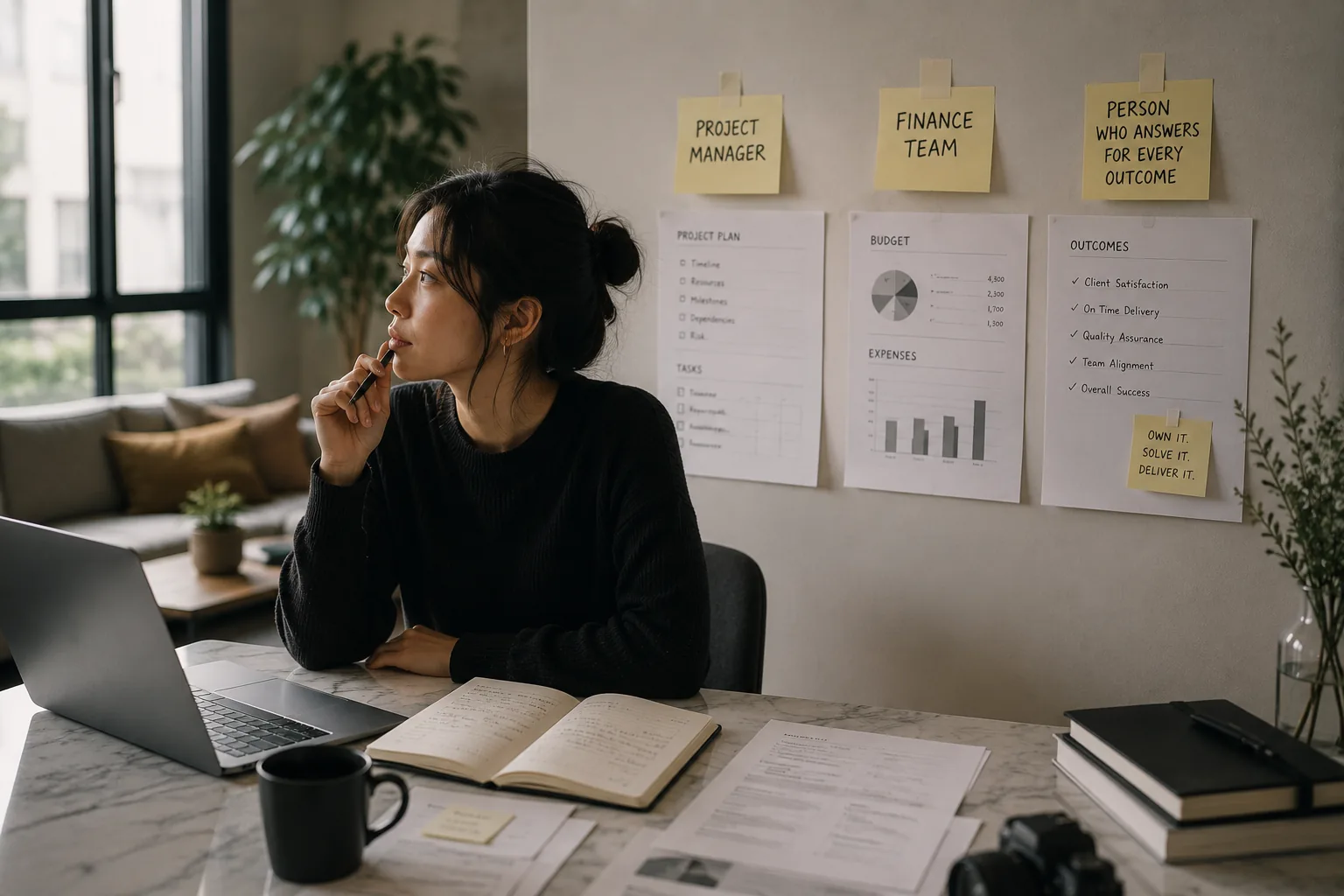 A woman at a desk looking away in thought, behind her three sticky notes reading 'Project manager', 'Finance team' and 'Person who answers for every outcome', pinned above a project plan, a budget and an outcomes checklist.