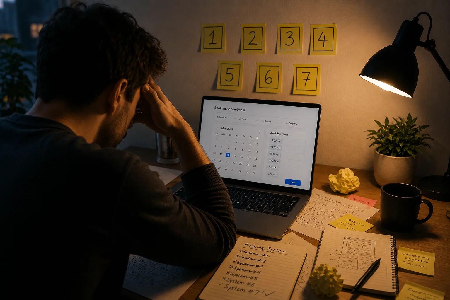 A man with his head in his hands at a dimly lit desk, an appointment booking calendar open on the laptop, sticky notes numbered one to seven on the wall, and a notebook listing seven booking systems with the first six crossed out.