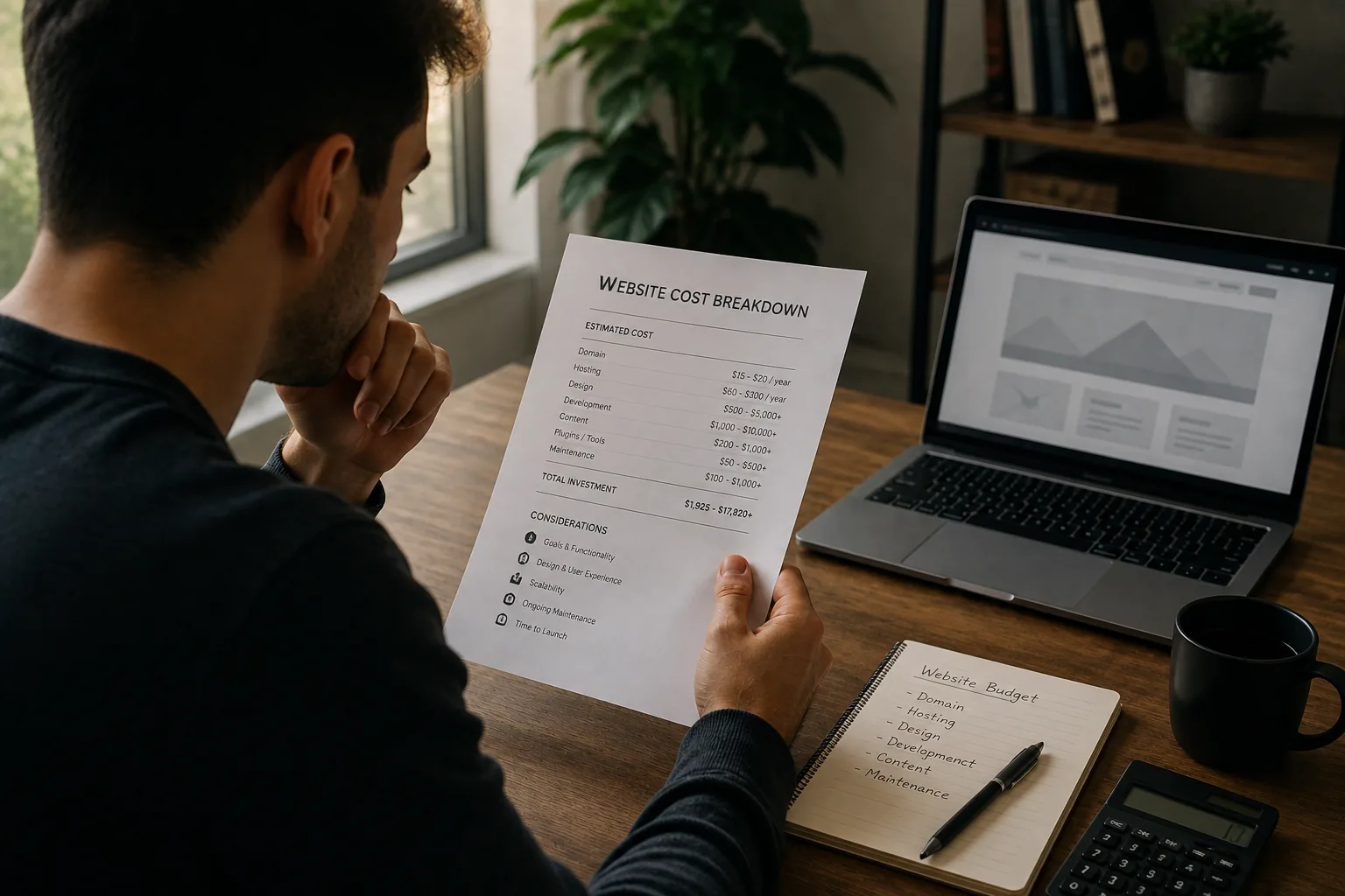 A man at a desk reading a printed website cost breakdown listing domain, hosting, design, development, content, plugins and maintenance, with a laptop and a handwritten budget notebook beside him.