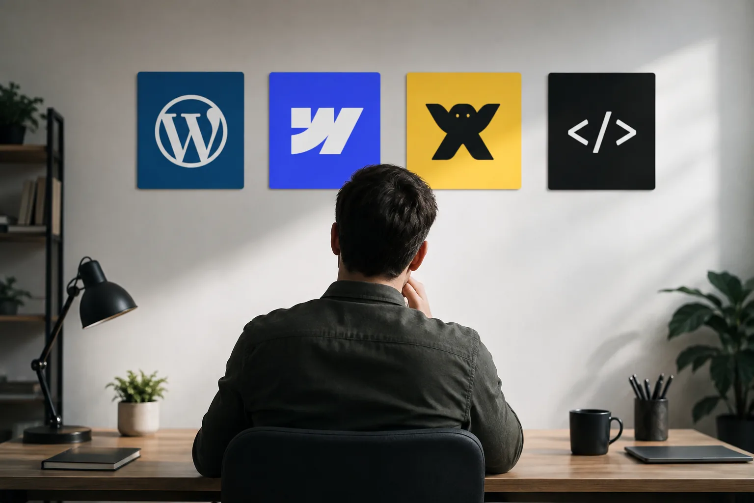 A man seen from behind at a desk, facing four framed logo panels on the wall: WordPress, Webflow, Wix, and a code bracket standing for a custom build.