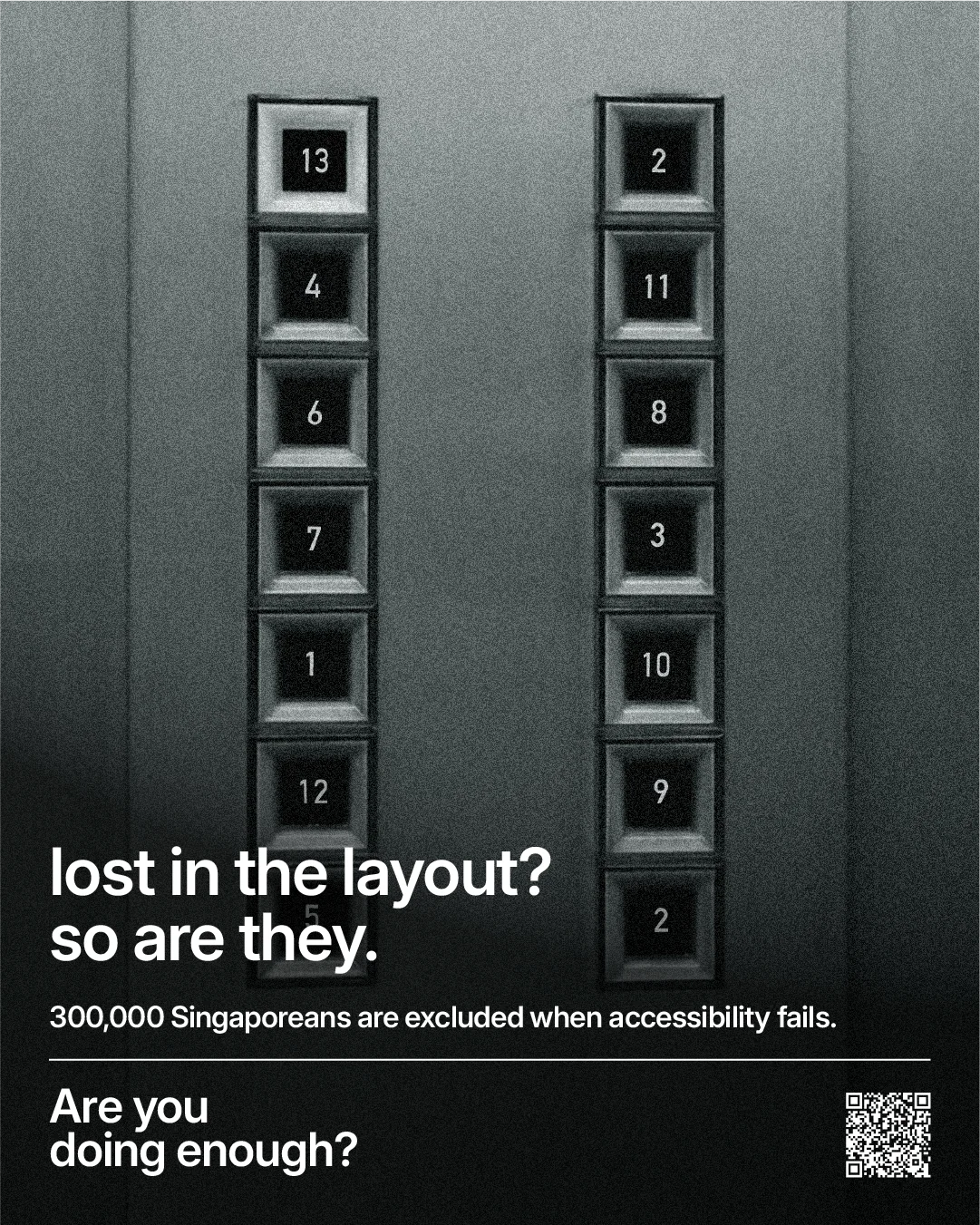 Campaign poster showing lift buttons numbered out of sequence, headlined: lost in the layout? so are they.